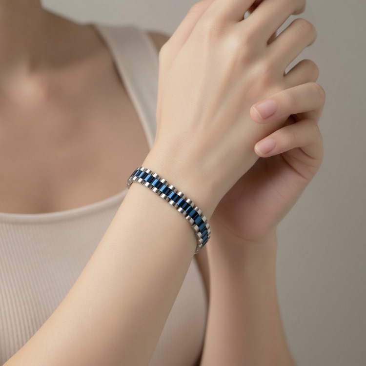 Hipoalerjenik Çelik Unisex Bileklik | Modern Lacivert Detaylı Şık Tasarım