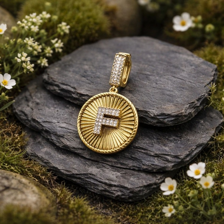 Zirkon Taşlı F Harf Gold Küpe | Paslanmaz Çelik Minimal Kadın Takısı