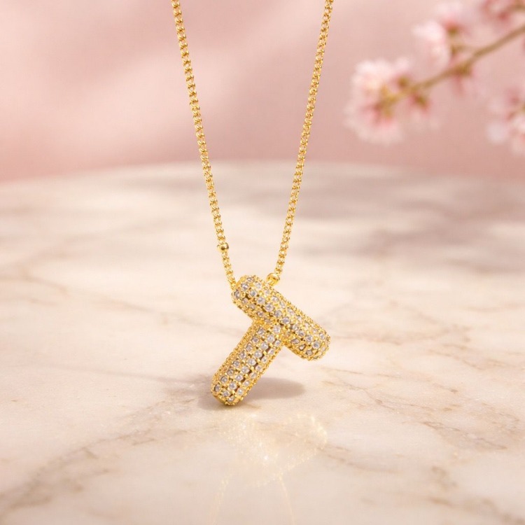 Zirkon Taşlı T Harf Kolye | Gold Çelik Minimal Harf Kolye