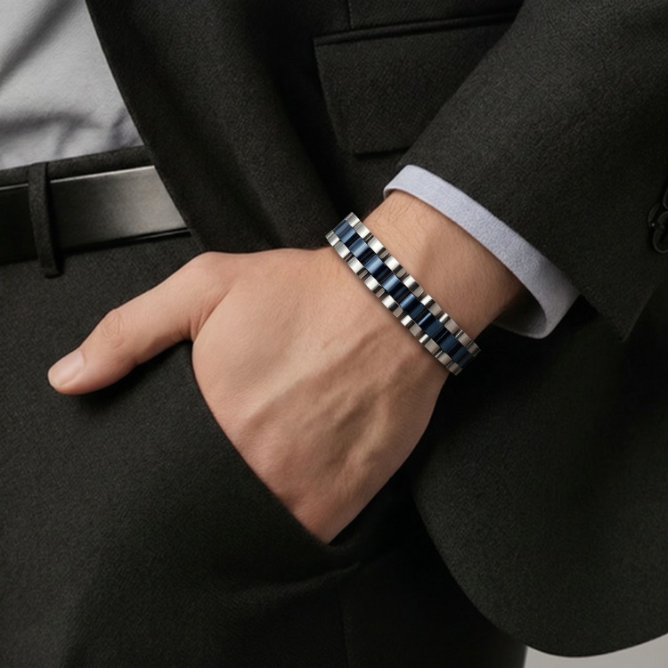 Hipoalerjenik Çelik Unisex Bileklik | Modern Lacivert Detaylı Şık Tasarım