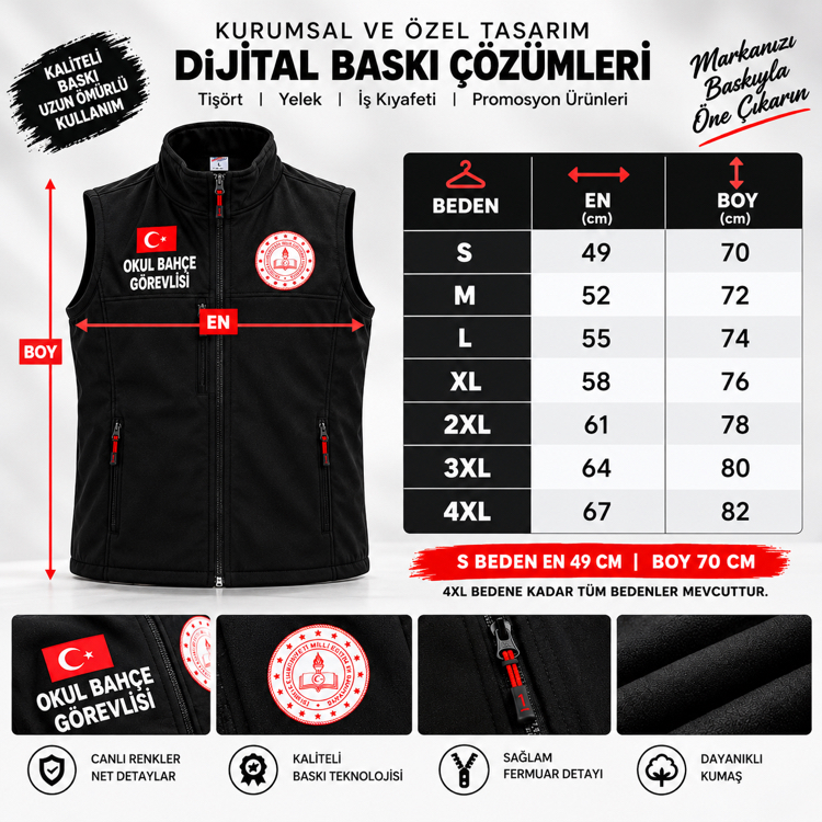 OKUL BAHÇE GÖREVLİSİ BASKILI SOFTSHELL PREMİUM YELEK