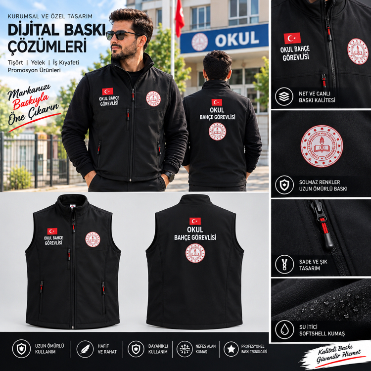 OKUL BAHÇE GÖREVLİSİ BASKILI SOFTSHELL PREMİUM YELEK