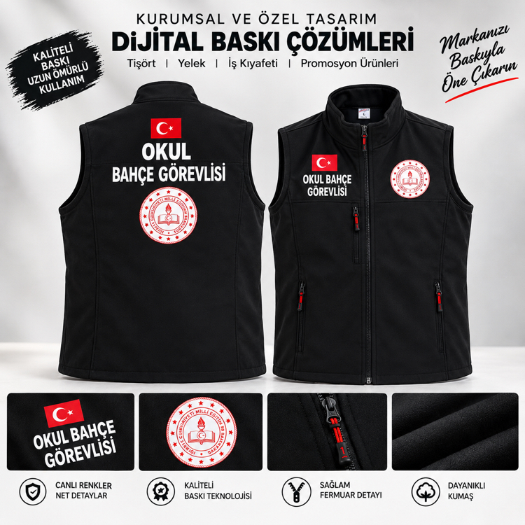 OKUL BAHÇE GÖREVLİSİ BASKILI SOFTSHELL PREMİUM YELEK