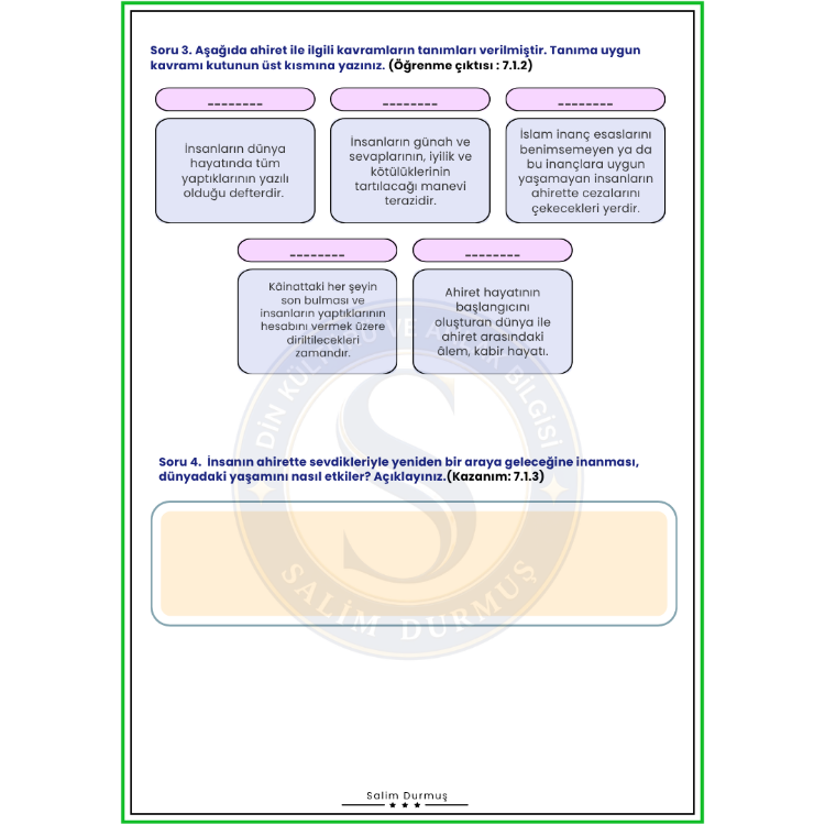 7. Sınıf Din Kültürü 1. Dönem 1. Yazılı Fasikülü (2026-2027 PDF)