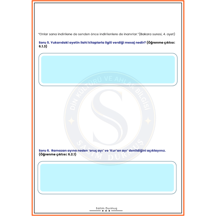 6. Sınıf Din Kültürü 1. Dönem 1. Yazılı Fasikülü (2026-2027 PDF)