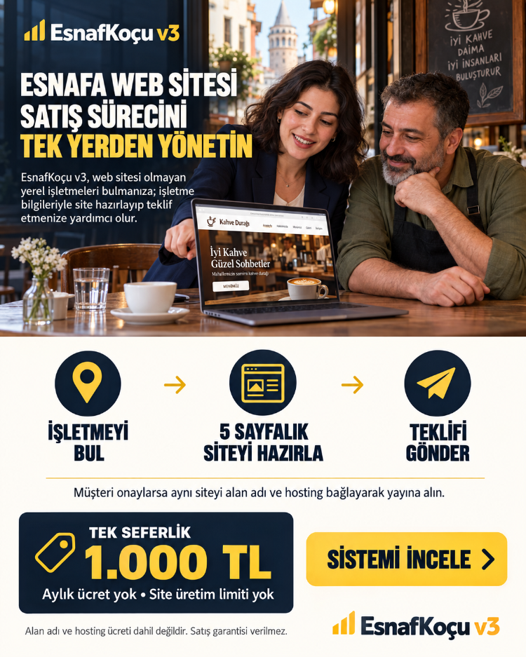 EsnafKoçu v3 — 1.000 TL’ye Sınırsız Esnaf Sitesi Oluştur ve Sat