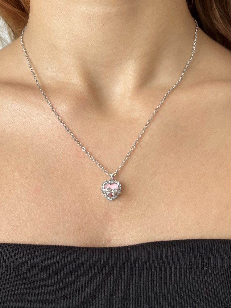 Silver Çelik Pembe Kalp Taşlı Kolye