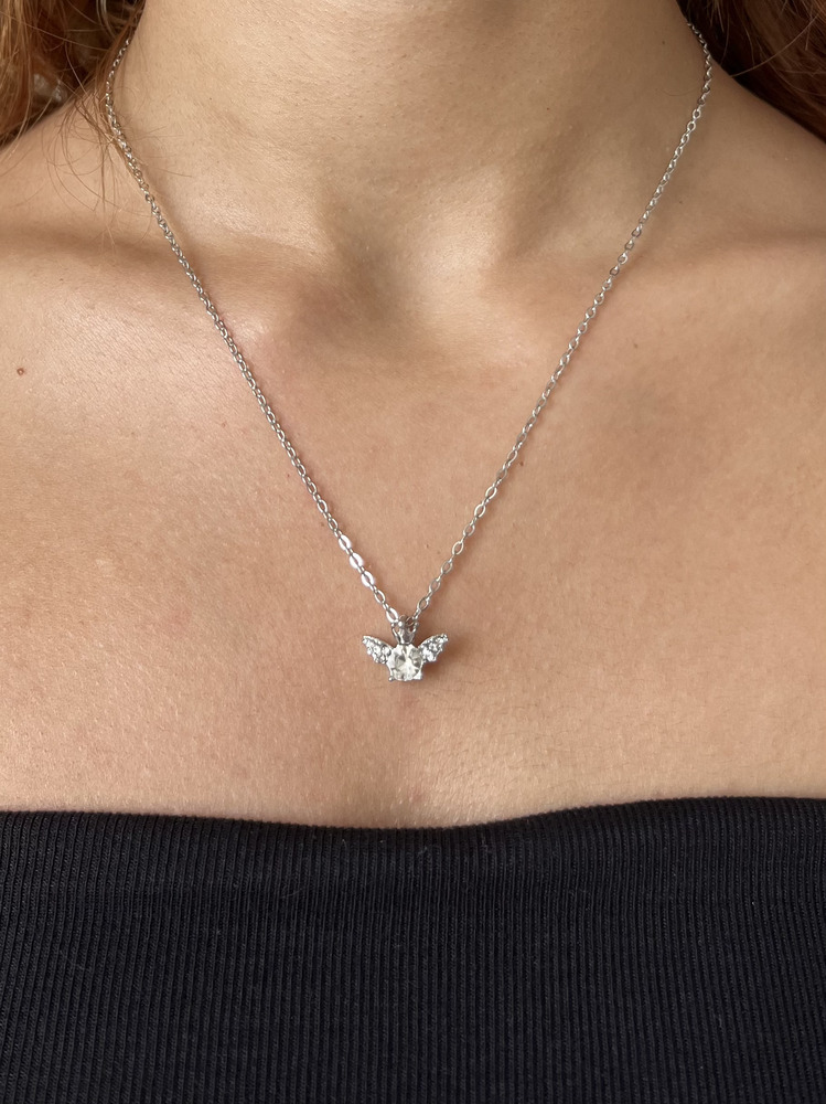 Silver Çelik Minimal Melek Kanatlı Taş Kolye