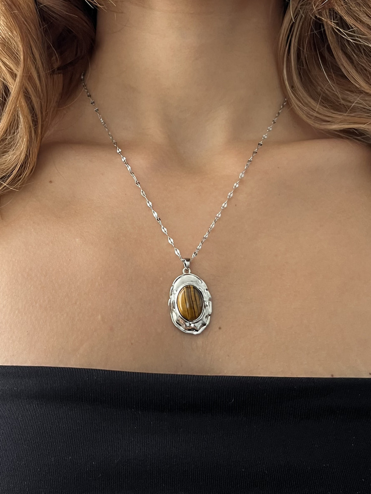 Silver Çelik Vintage Kahve Taş Kolye