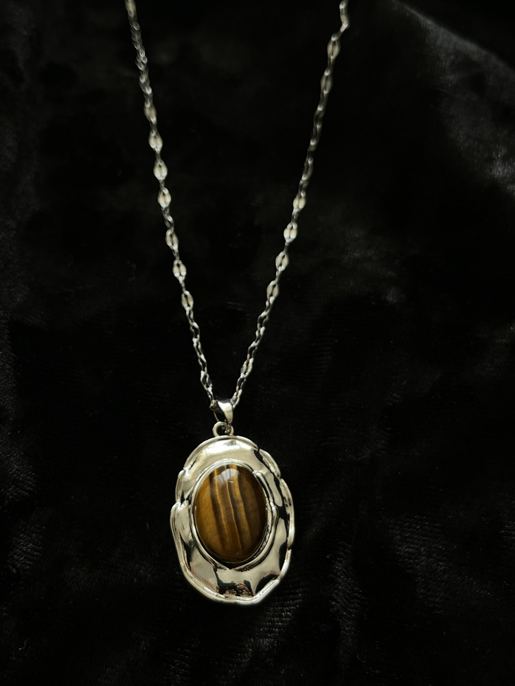 Silver Çelik Vintage Kahve Taş Kolye