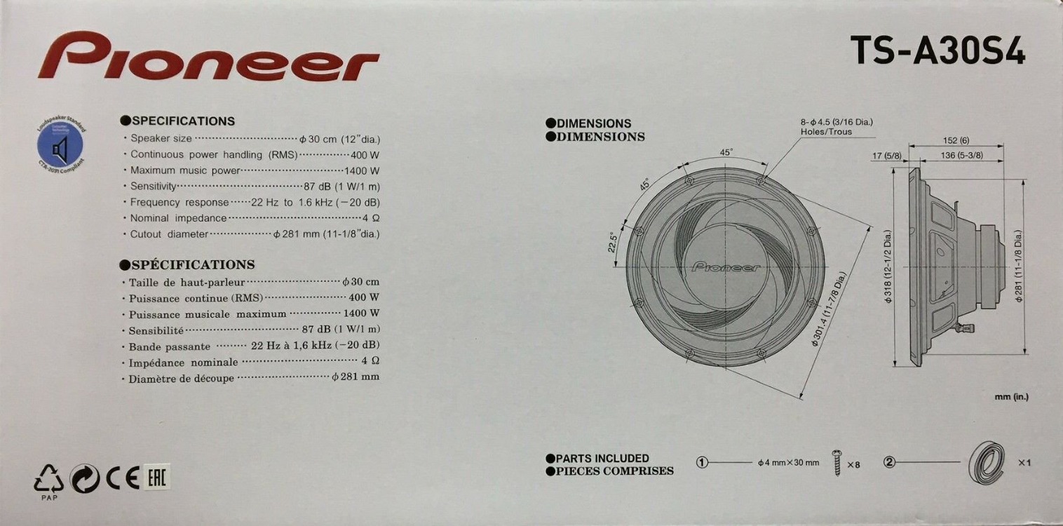 Pioneer TS-A30S4 1400 Watt 400 Rms 30 Cm Tek Bobin Subwoofer
