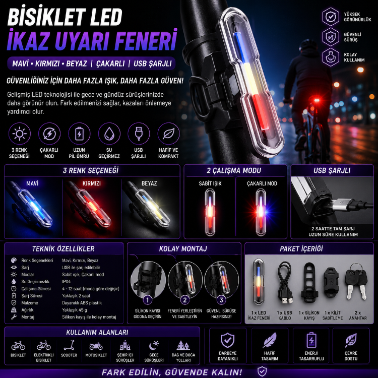 Bisiklet Led İkaz Uyarı Fener Mavi Kırmızı Beyaz Çakarlı USB Şarjlı Stop Lambası