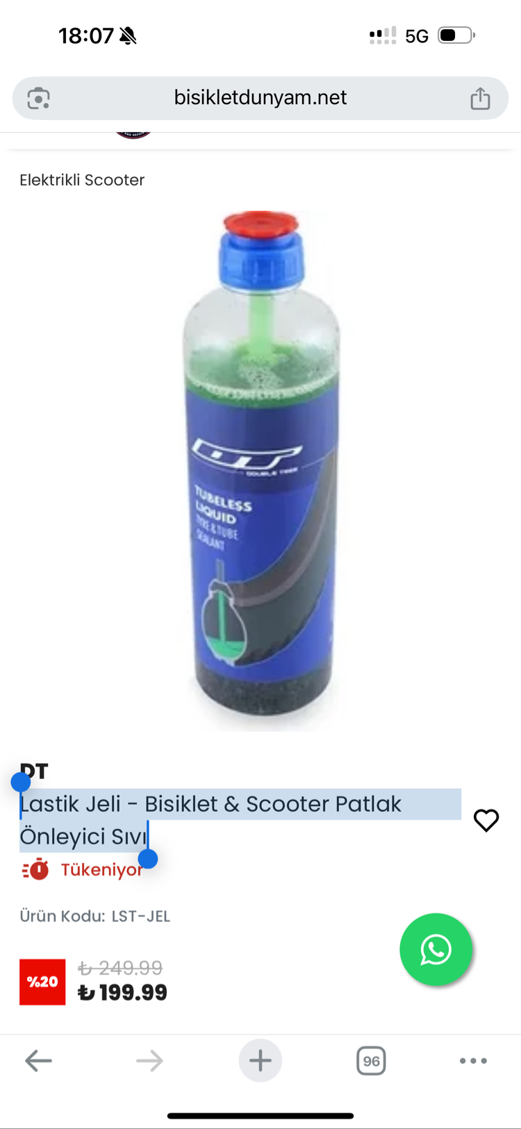 Lastik Jeli - Bisiklet & Scooter Patlak Önleyici Sıvız az