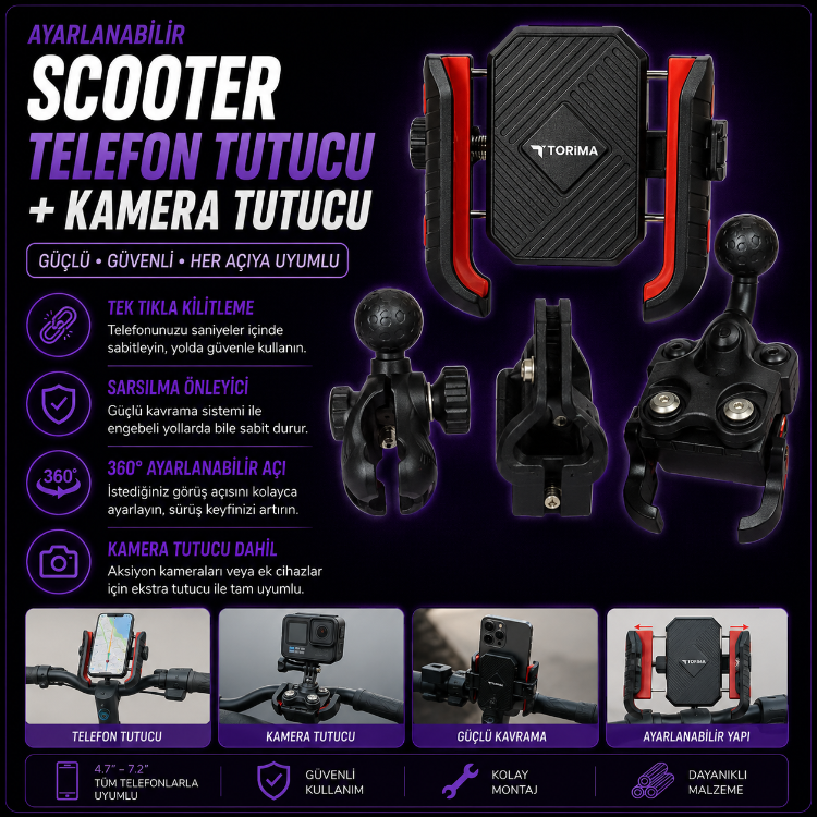 Ayarlanabilir Scooter Telefon Tutucu + Kamera Tutucu