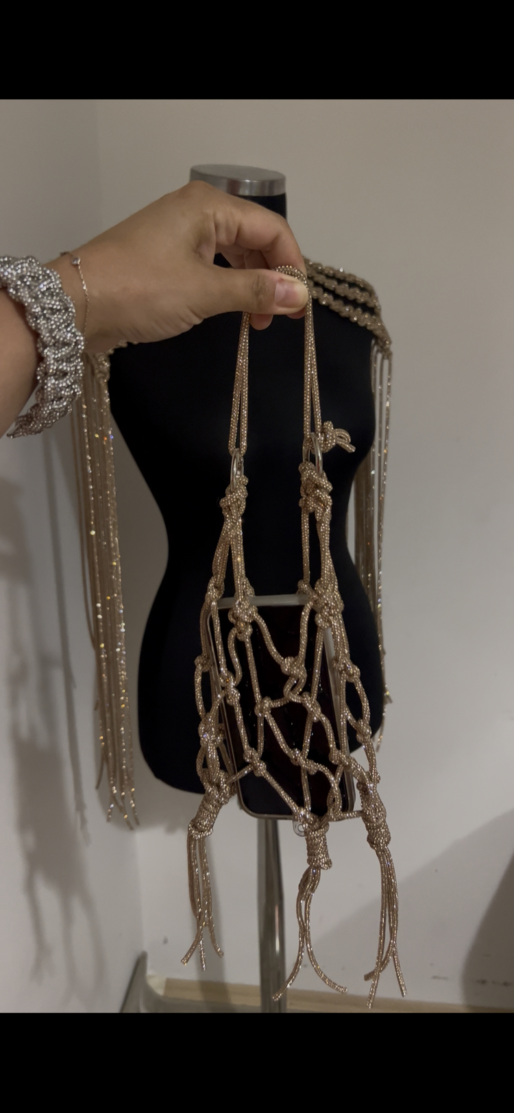 SE’Atelier Luxury Kristal Kordon Örgü Telefon Çantası