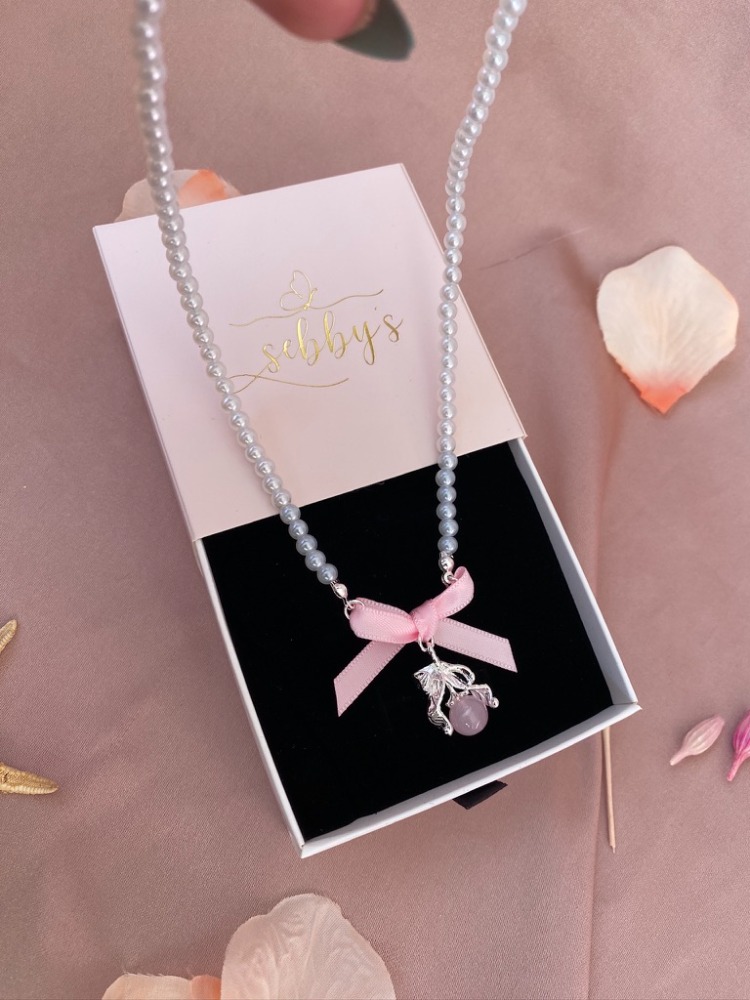 pearly pink ribbon kolye | altın kaplama