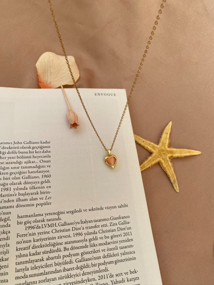 gold pink heart kolye | çelik