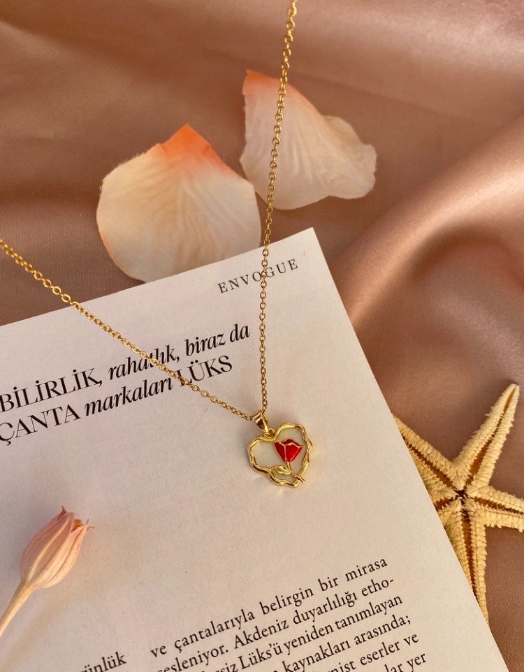 gold rosy heart kolye | çelik