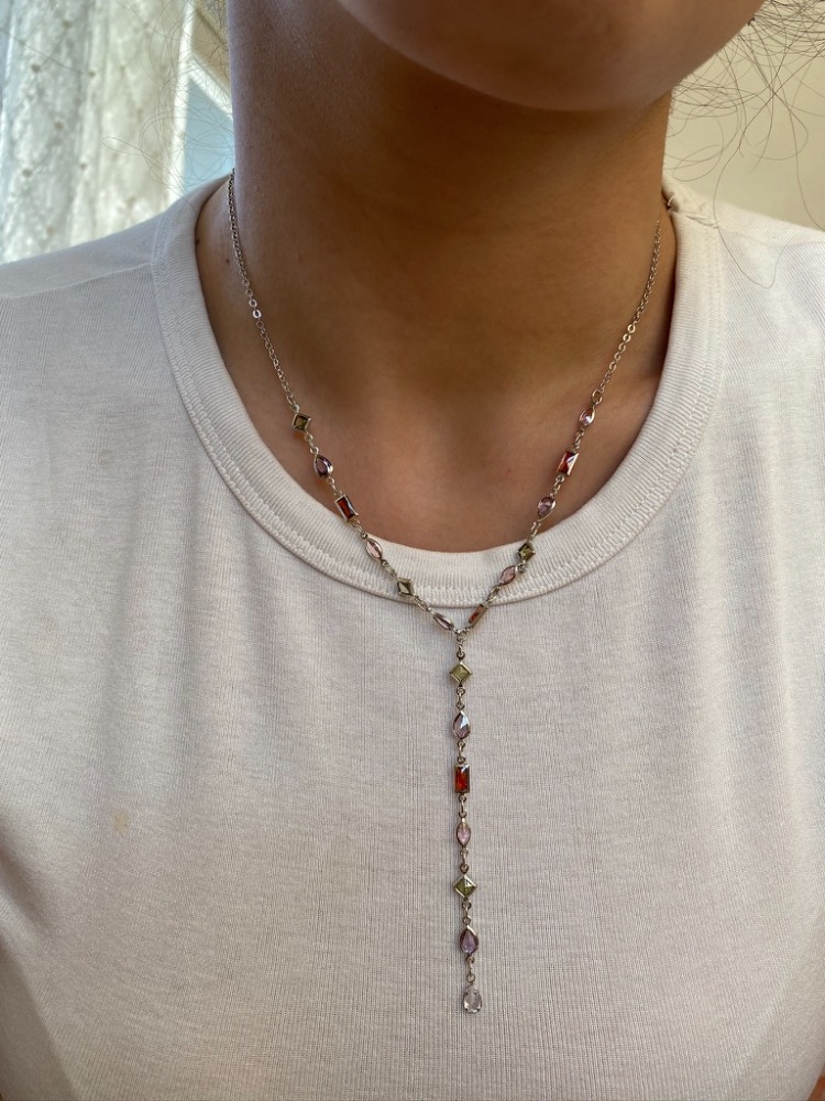 silver renkli taşlı y kolye | altın kaplama
