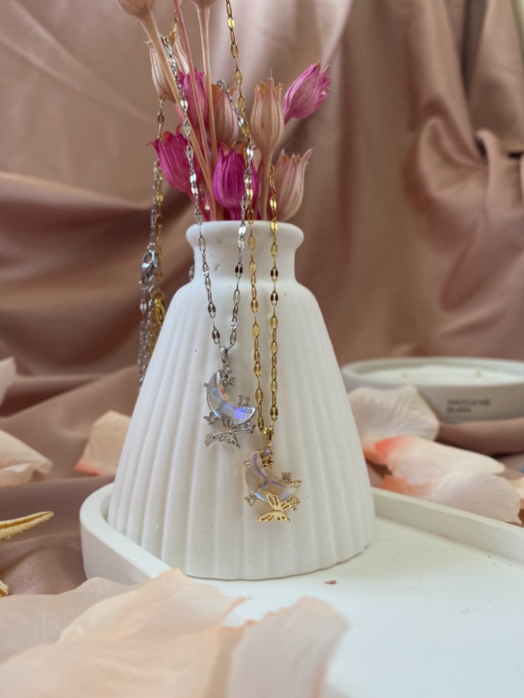 opal taşlı ay kolye | çelik
