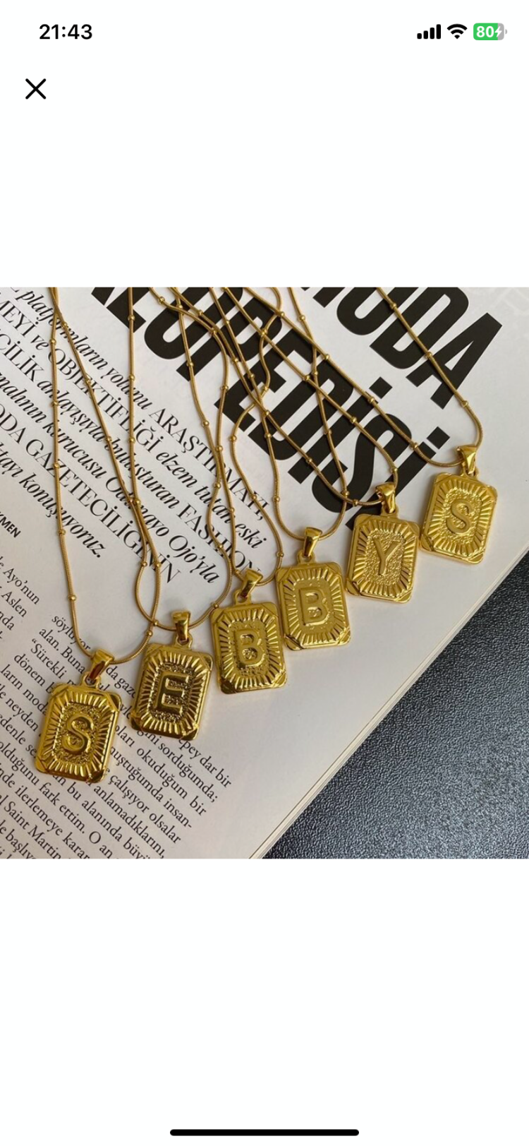 gold plaka harf kolye | altın kaplama
