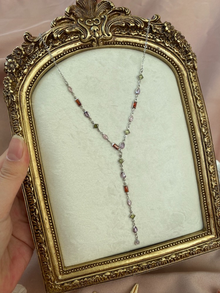 silver renkli taşlı y kolye | altın kaplama