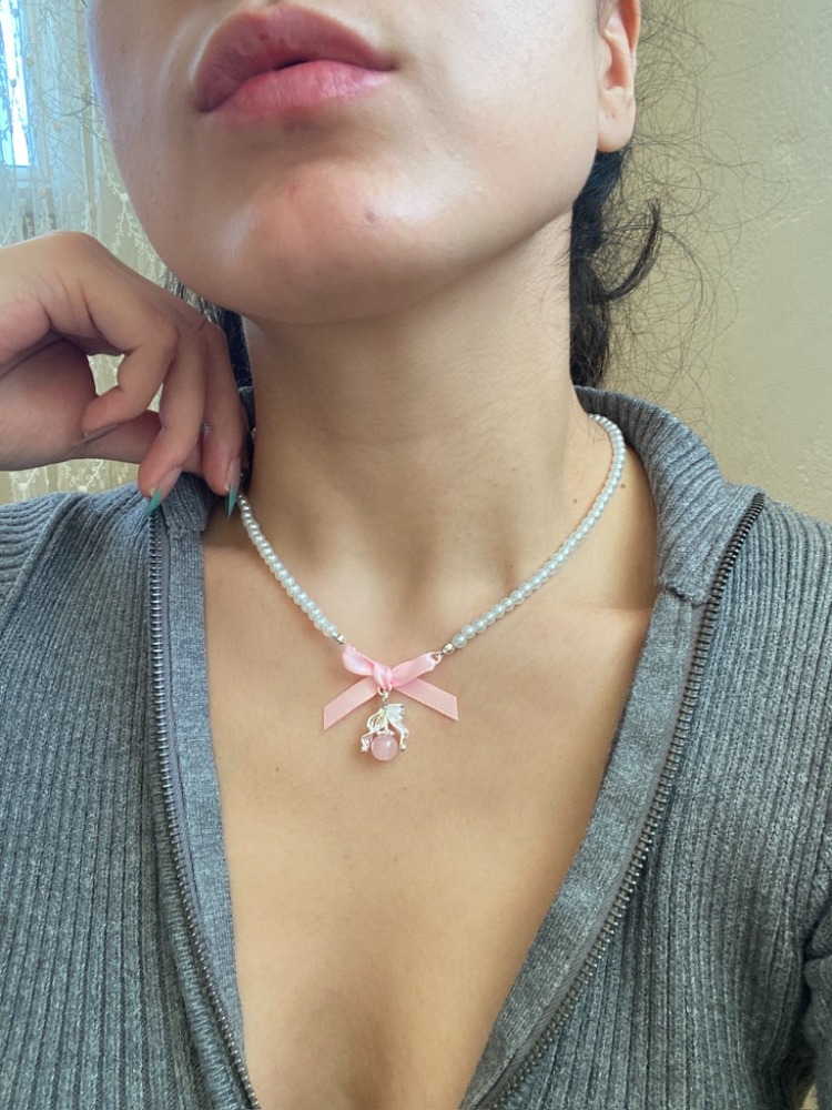 pearly pink ribbon kolye | altın kaplama