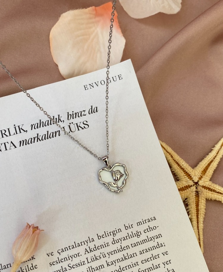 silver rosy heart kolye | çelik