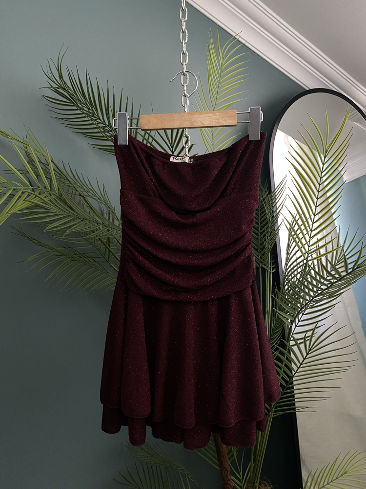 Burgundy Glitter Strapless Dress