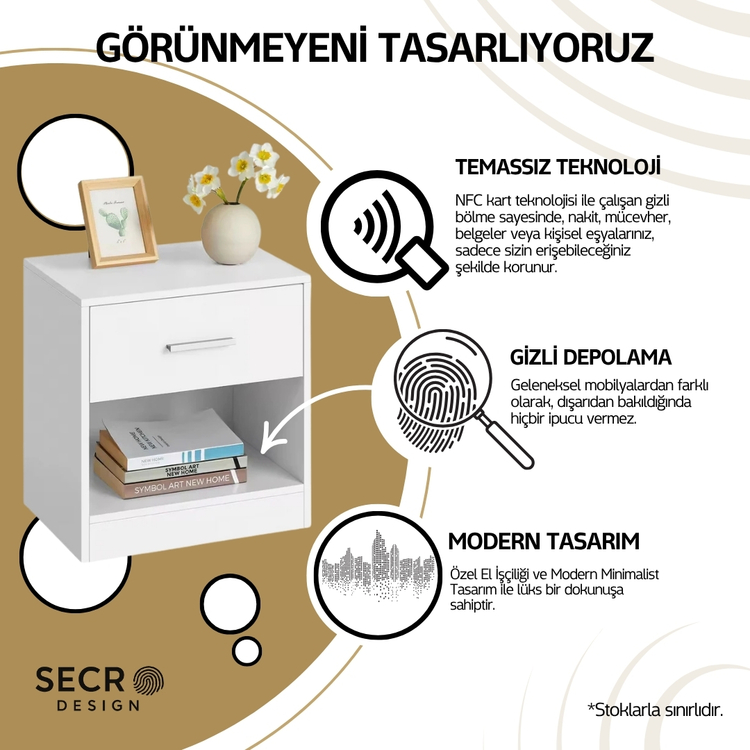 SECRO Gizli Bölmeli Komodin - BEYAZ