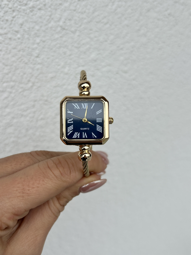 Altın kaplama kare vintage ayarlanabilir kelepçe saat (mavi) 