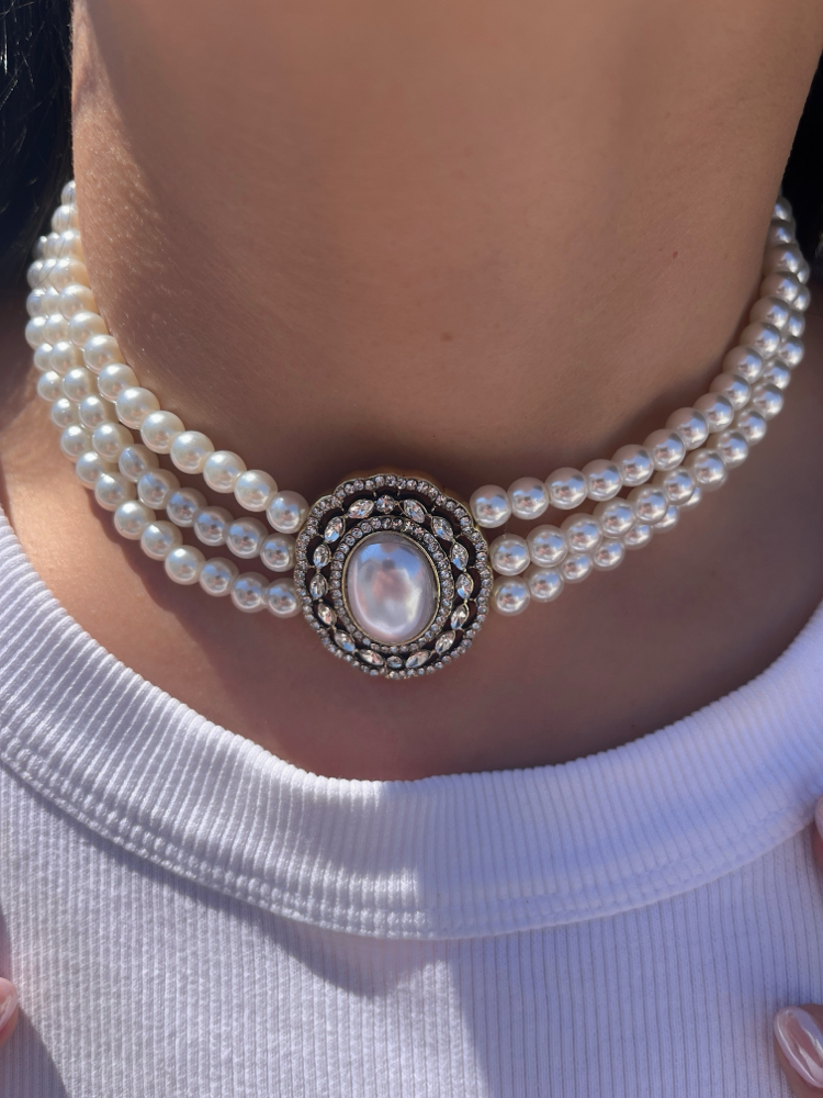 Premium seri tasarım vintage inci choker kolye