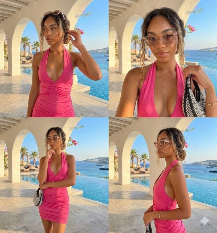 Halter Yaka Büzgülü Mini Elbise