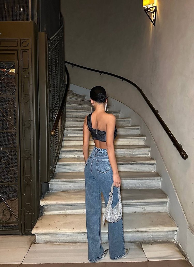 Likralı model tasarım taşlı palazzo jean