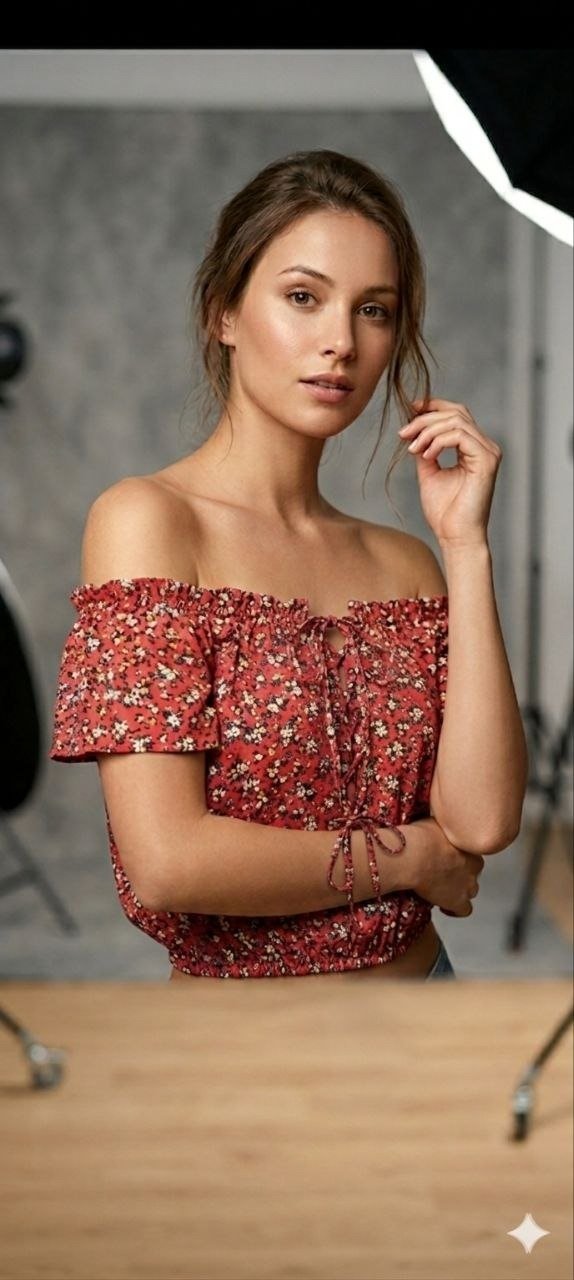 Çiçek Desenli Madonna Yaka Bağlamalı Crop Bluz (Ürün Kodu: 7935)