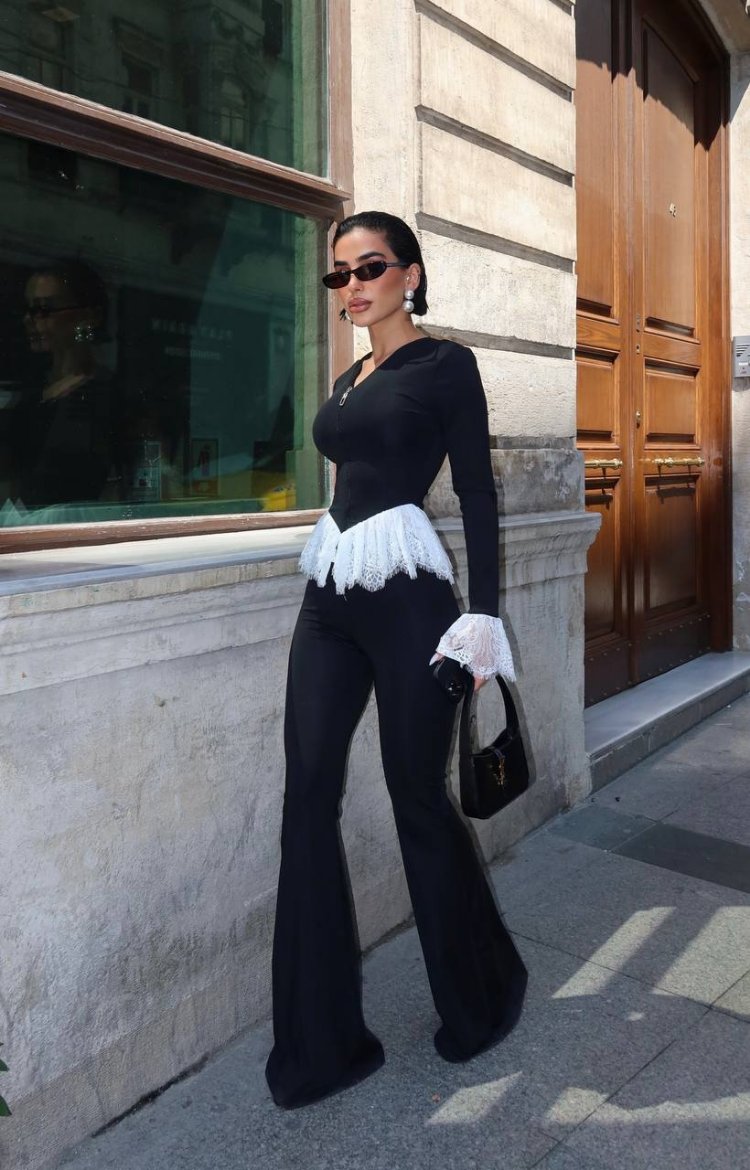Elegant Dantelli Siyah İspanyol Pantolon Takım
