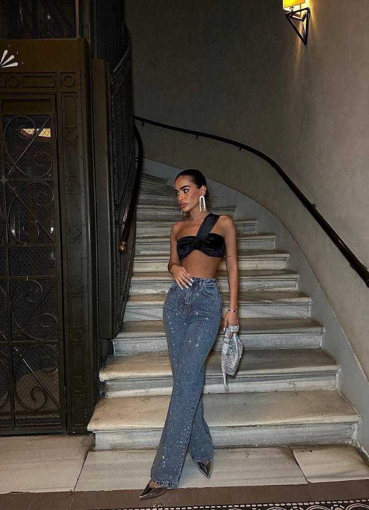 Likralı model tasarım taşlı palazzo jean
