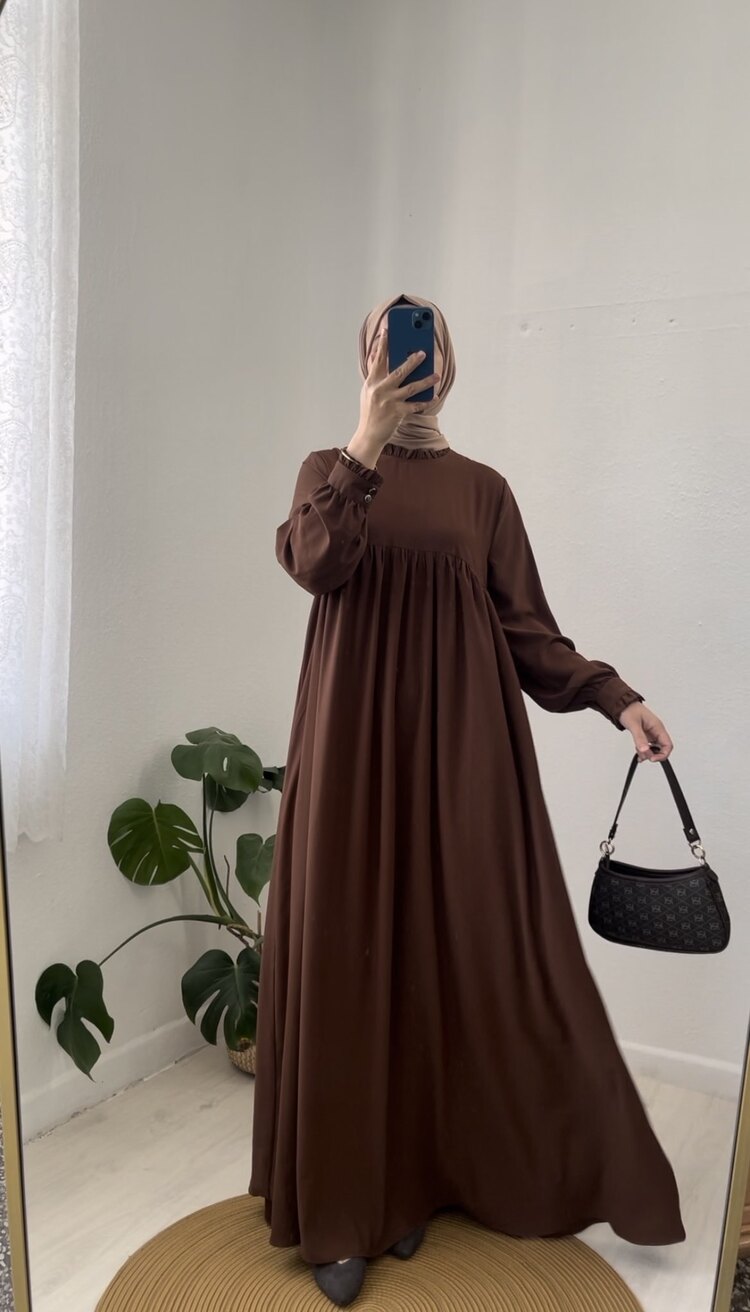 H Ü M A fırfırlı robalı elbise kahve 