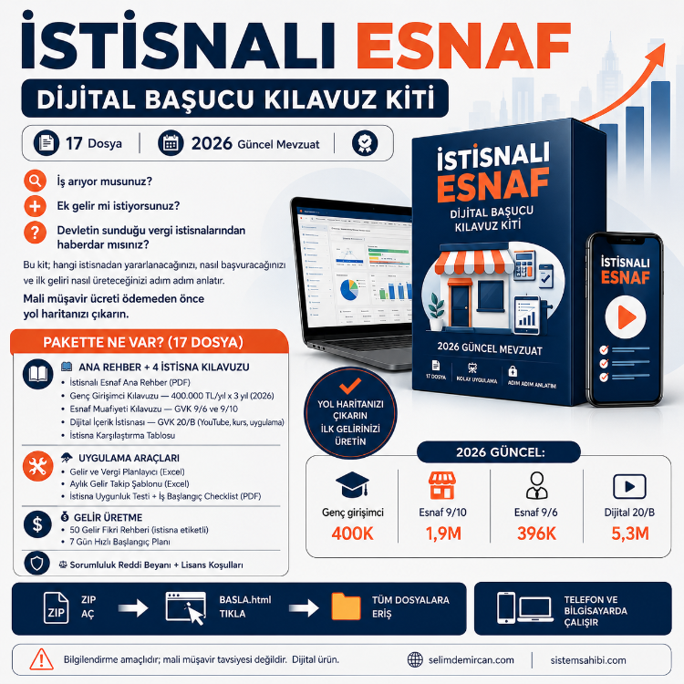 İstisnalı Esnaf | 2026 Girişimci İstisnaları + 50 Gelir Fikri + Excel Planlayıcı