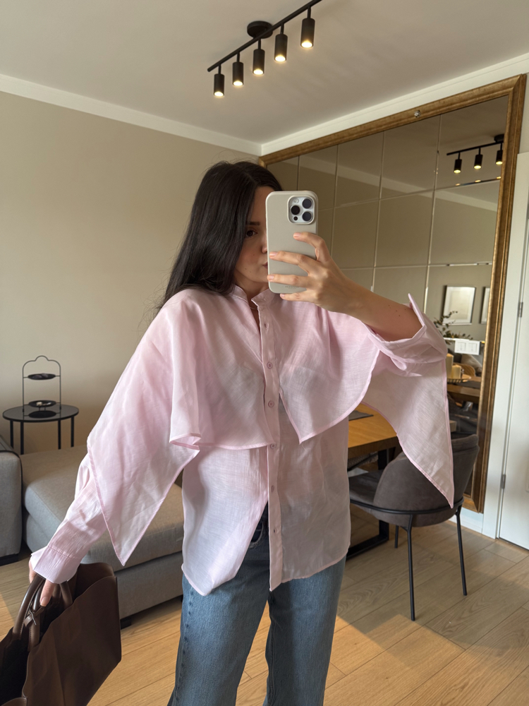 Pelerin Detaylı Toz Pembe Tasarım Akışkan Gömlek