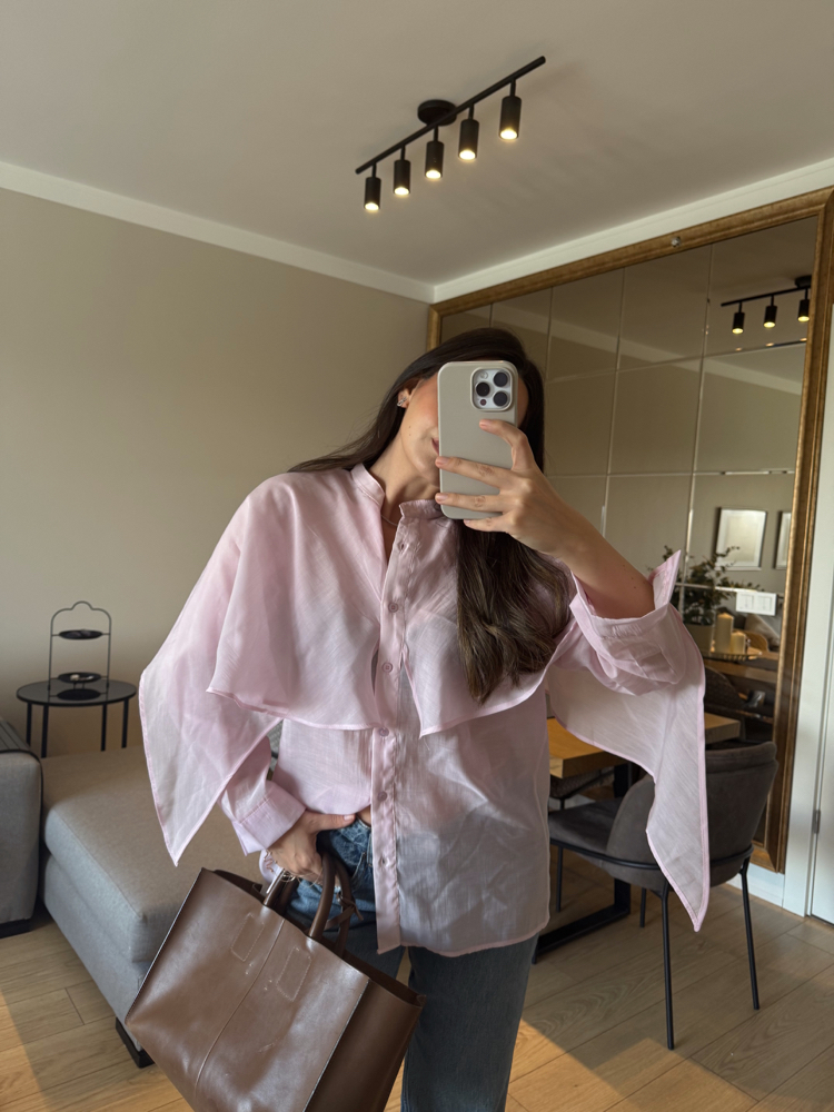 Pelerin Detaylı Toz Pembe Tasarım Akışkan Gömlek