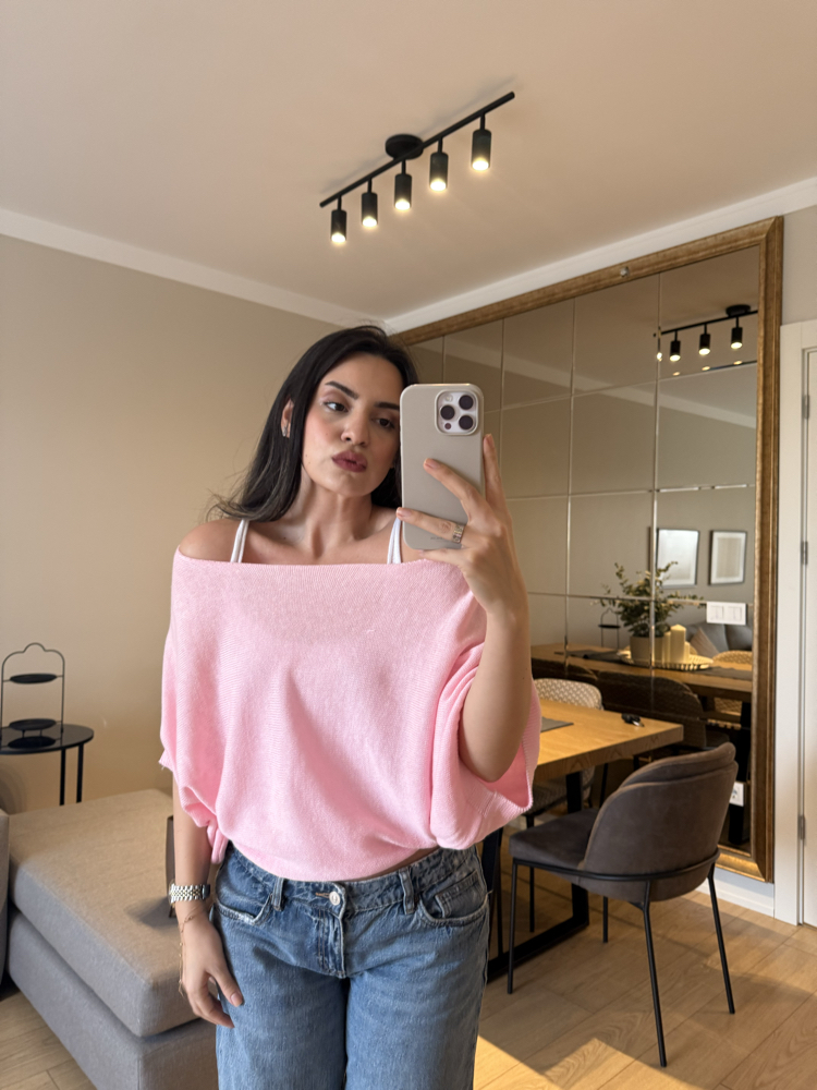Kendinden Atletli Kayık Yaka Triko Bluz-Pembe