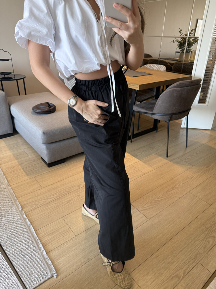Geniş Kesim, Paraşüt Kumaş Siyah Pantolon