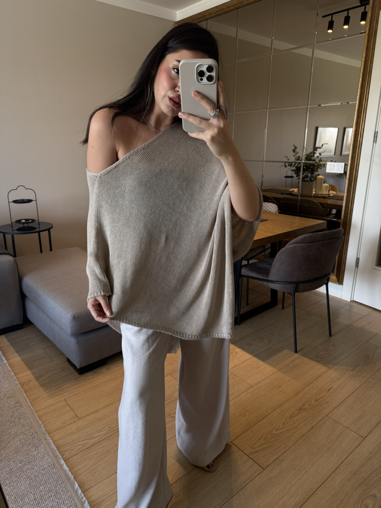 Ekru Tensel Kumaş Beli Lastikli Dökümlü Pantolon
