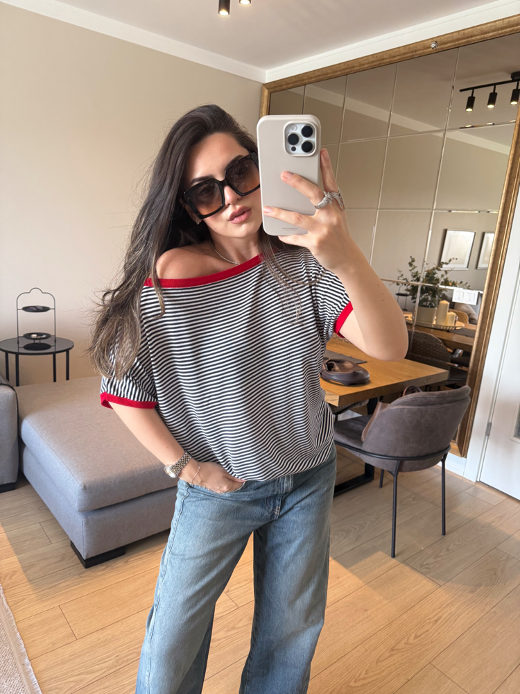 Çizgili, Kayık Yaka Basic Bluz/Tişört