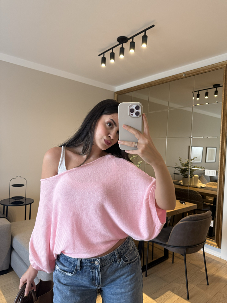 Kendinden Atletli Kayık Yaka Triko Bluz-Pembe