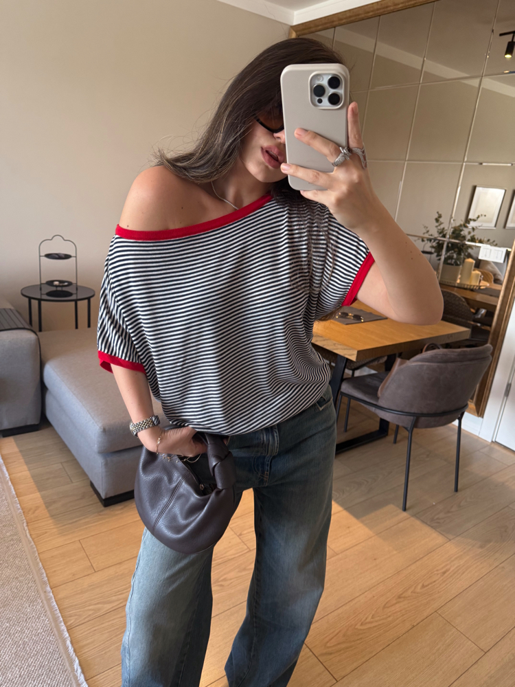 Çizgili, Kayık Yaka Basic Bluz/Tişört