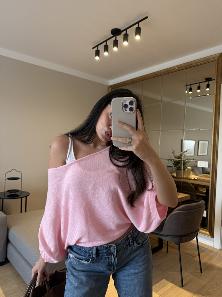 Kendinden Atletli Kayık Yaka Triko Bluz-Pembe