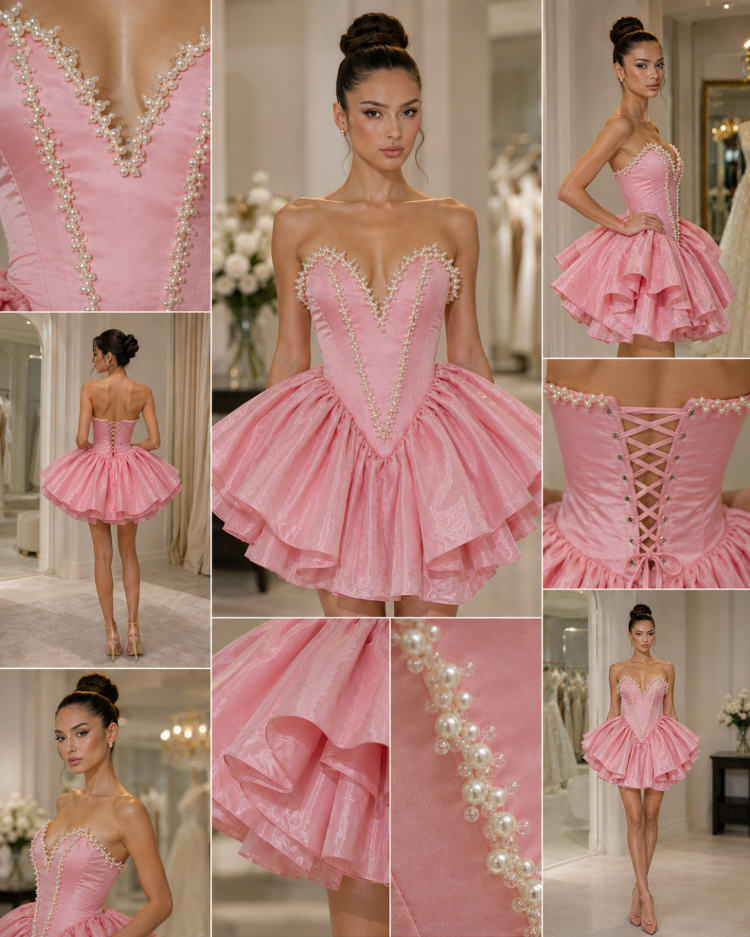 Rosalie Blush – İnci İşlemeli Couture Mini Elbise