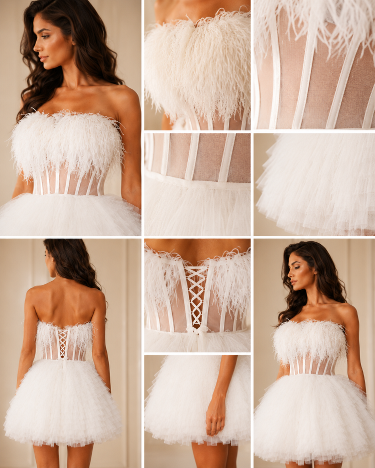 White Swan Ivory – Tüylü Couture Mini Elbise